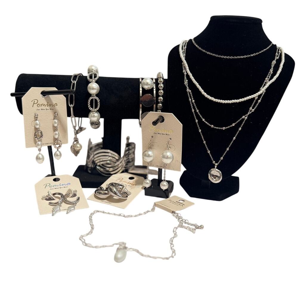10 Pcs Pomina Silver & Pearl Jewelry Bundle – Necklaces, Earrings, Bracelets